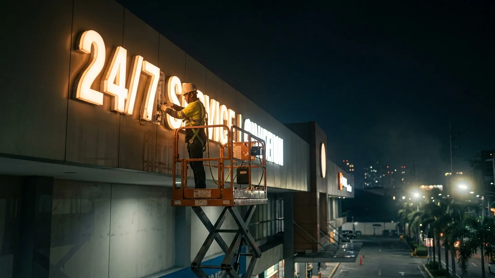 Sign technician servicing illuminated signage
